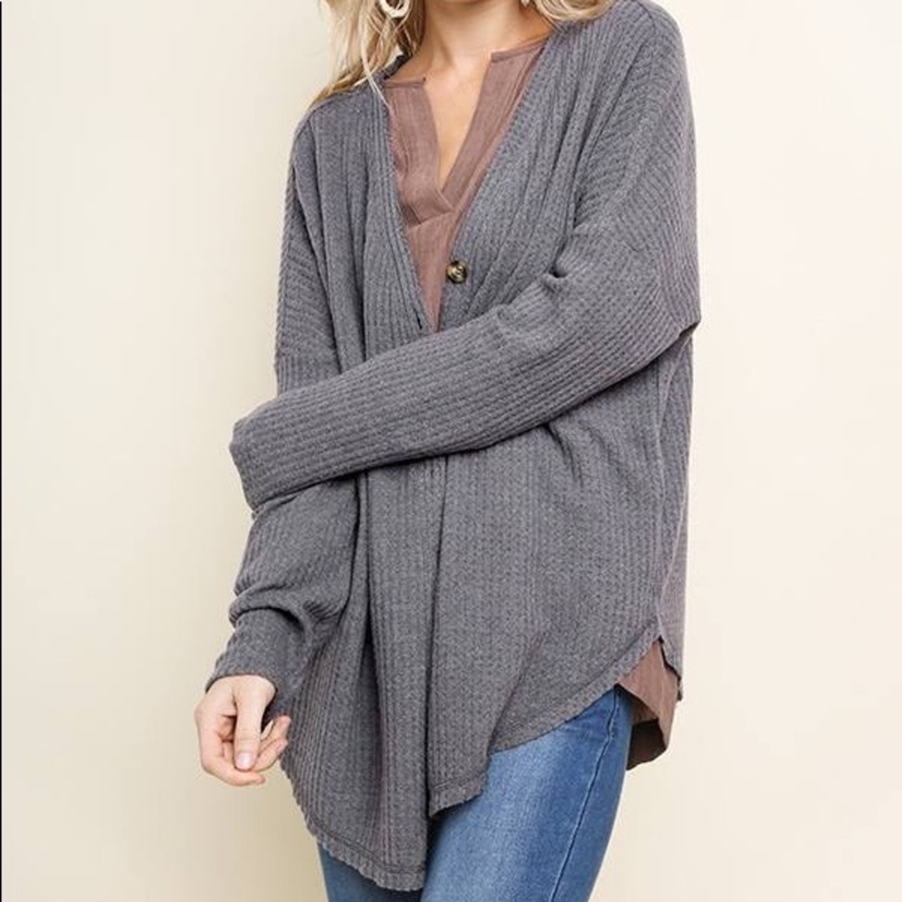 Gray Waffle Knit Button Down